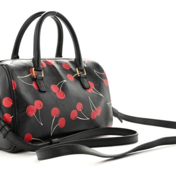 Auth Saint Laurent Calfskin Cherry Print 2way Classic Baby Duffle Bag Black Red - Picture 7 of 15